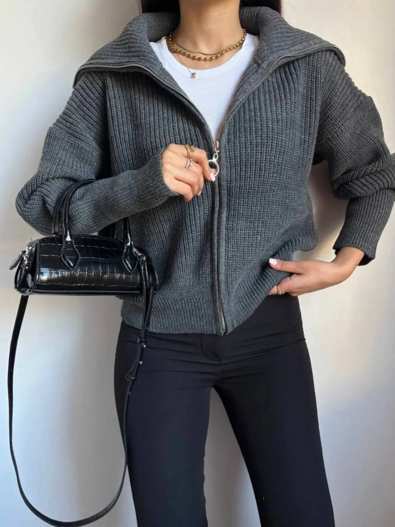 Zip Up Dropped Shoulder Cardigan