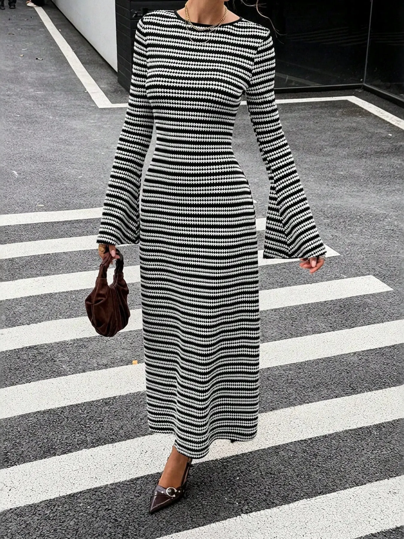 Striped Flared Sleeves Sweater Dress