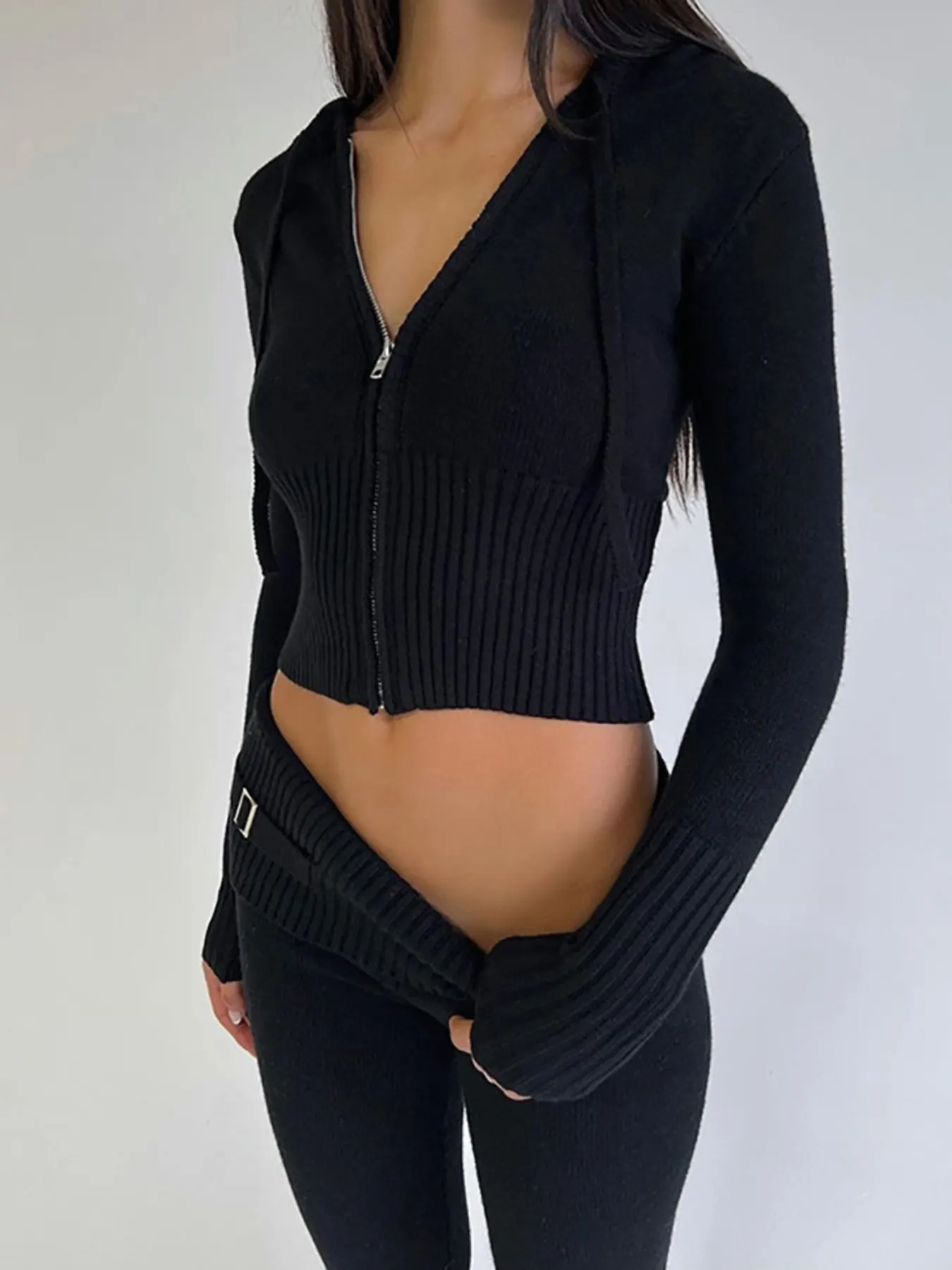 Zip Up Hooded Cardigan and Pants Sweater Set