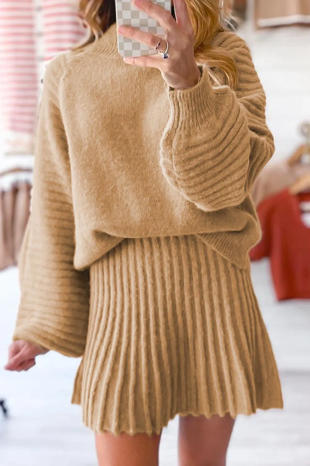 Ribbed Knit Long Sleeve Top and Skirt Sweater Set