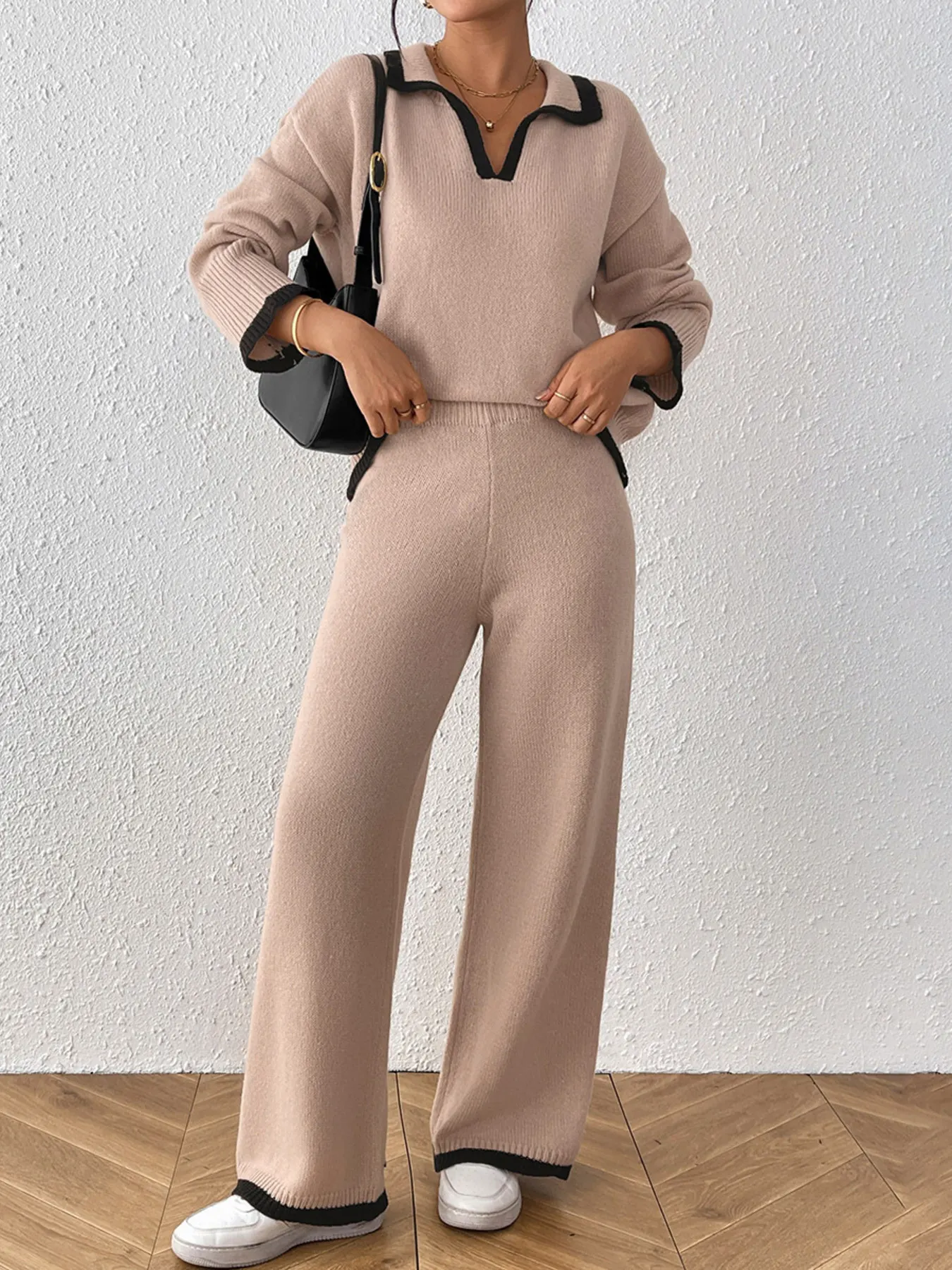 Contrast Trim Polo Collar Top and Pants Sweater Set